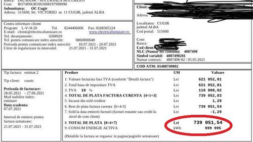Factură record la electricitate, în valoare de peste 739.000 de lei, primită de proprietarul unui apartament din Cugir - Alba, în care nu locuiește nimeni de peste 20 de ani